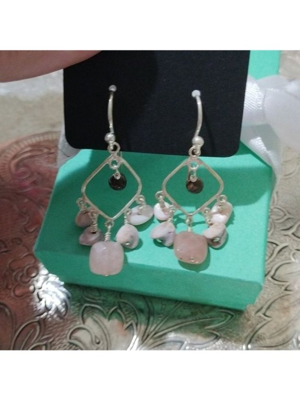 Artisan Sterling Silver+ Rose Quartz Chandelier Earrings on Long French Hooks - Picture 2 of 4